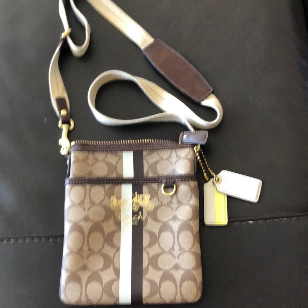 Coach crossbody purse - brown, tan and gold